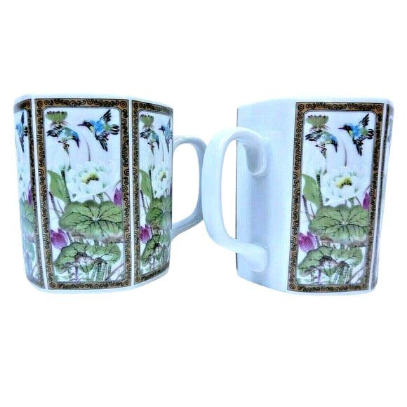 Set of 2 Andrea By Sadek Octagon Porcelain Cups Mugs Japan Floral Birds Pattern - Picture 2 of 6